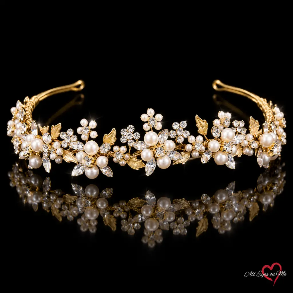 Gold-tone floral pearl-style bridal tiara E5-5615 on a black background