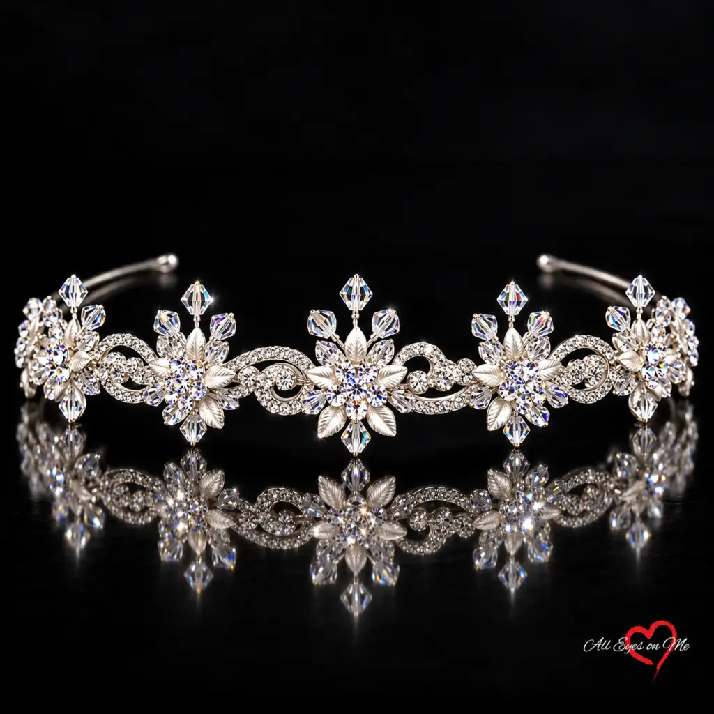 Silver-tone floral scroll crystal-style bridal tiara E5-5940 on a black background