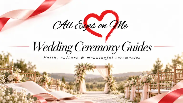 Wedding Ceremony Guides banner with the All Eyes on Me logo above a flower-lined aisle and ceremony arch