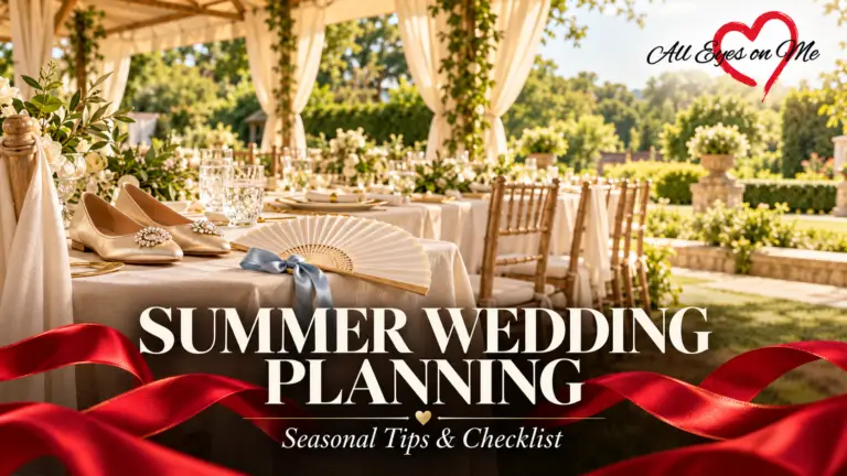 Shaded summer garden wedding reception with ivory table settings, a folding fan and champagne-coloured shoes, framed by red ribbons with the title Summer Wedding Planning.