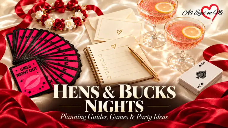 Hens and bucks nights cover with party game cards, invitations, a planner and sparkling drinks, framed by red satin ribbons.