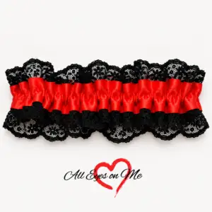 Red gathered wrist garter with black lace trim