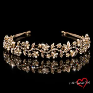 Gold-tone floral pearl-style bridal tiara T-7187 on a black background
