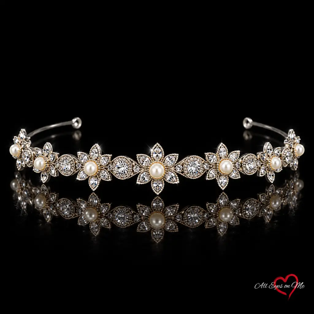 Silver-tone floral pearl-style bridal tiara T-8595 on a black background