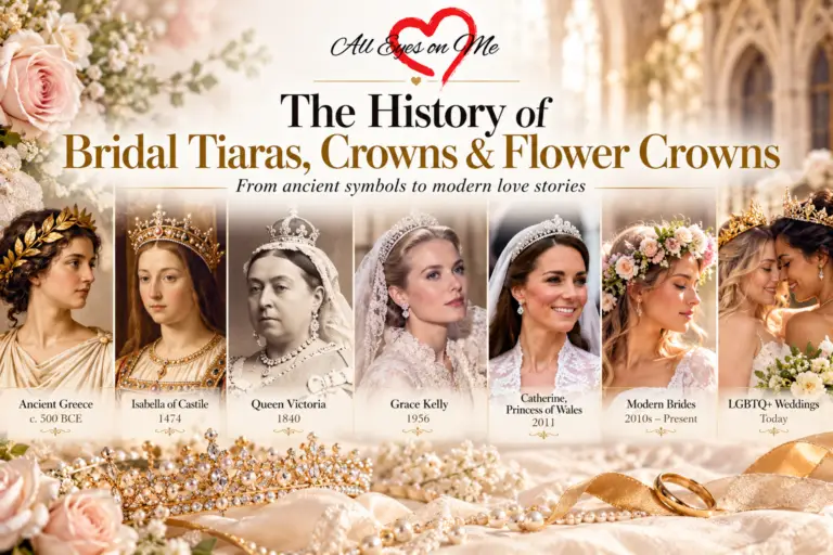 History of bridal tiaras, crowns and flower crowns from Ancient Greece and royal weddings to modern and LGBTQ+ brides