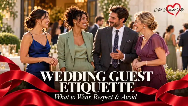 Wedding guests chatting at a reception, with red satin ribbons and the title Wedding Guest Etiquette: What to Wear, Respect & Avoid.