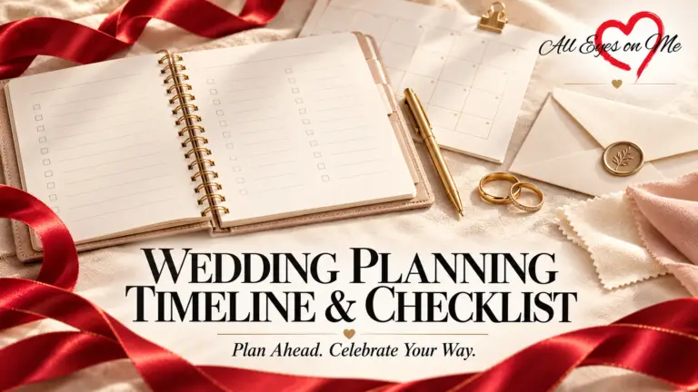 Wedding planner, calendar, gold pen, wedding rings and invitation framed by red satin ribbons, with the title Wedding Planning Timeline & Checklist.