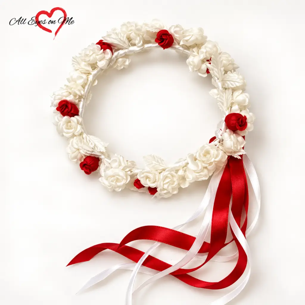 Handmade red and white rose flower crown with decorative leaves and red and white ribbon tails, front view